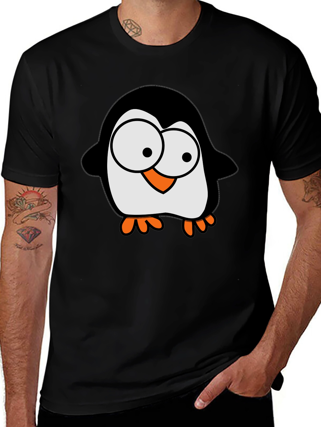 Cartoon Penguin Graphic Tee - Black Cotton T-Shirt