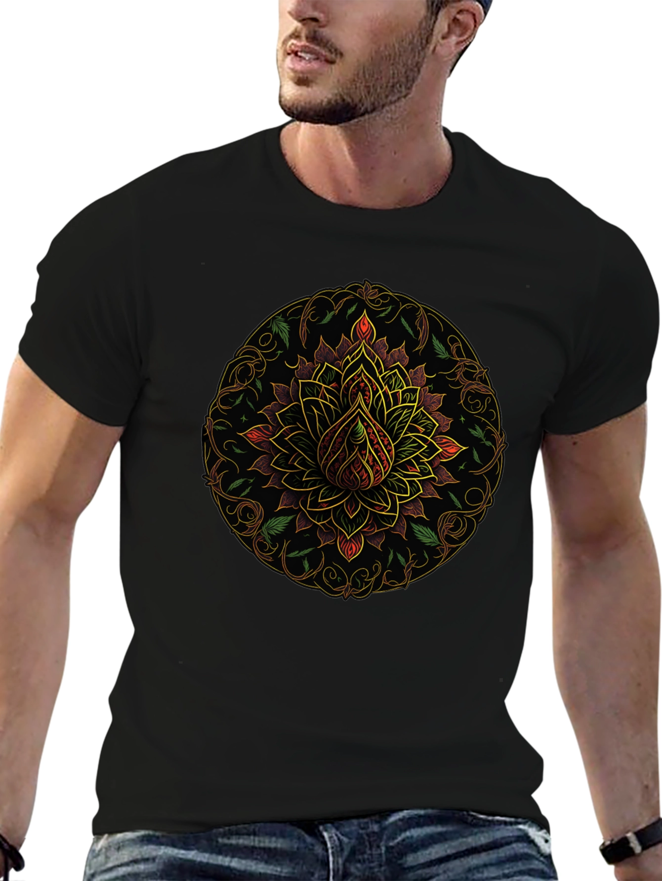 Mandala Lotus Flower Graphic T-Shirt - Black