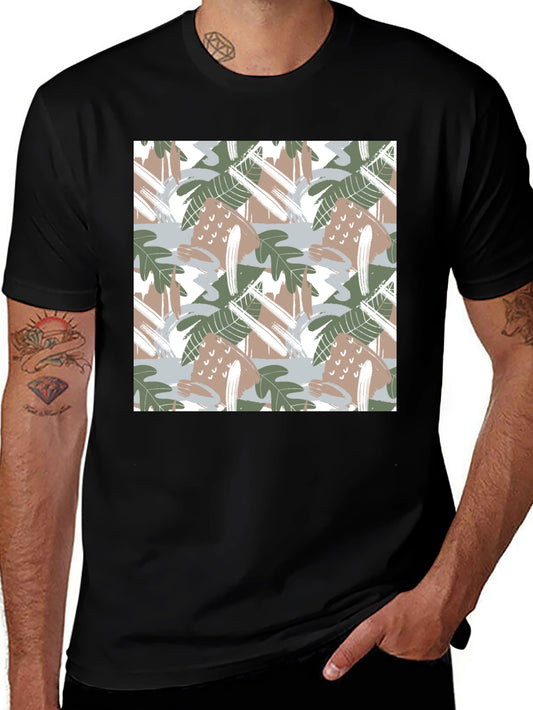 Trendy Abstract Leaf Print Black T-Shirt