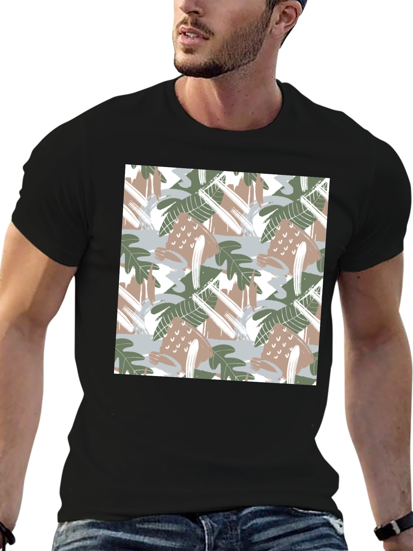 Trendy Abstract Leaf Print Black T-Shirt