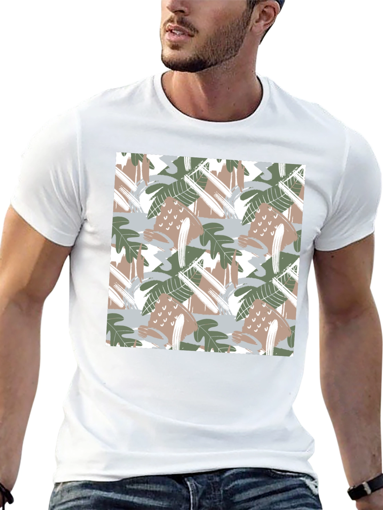 Trendy Abstract Leaf Print Black T-Shirt
