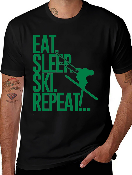 Eat Sleep Ski Repeat T-Shirt - Black Cotton Skiing Tee