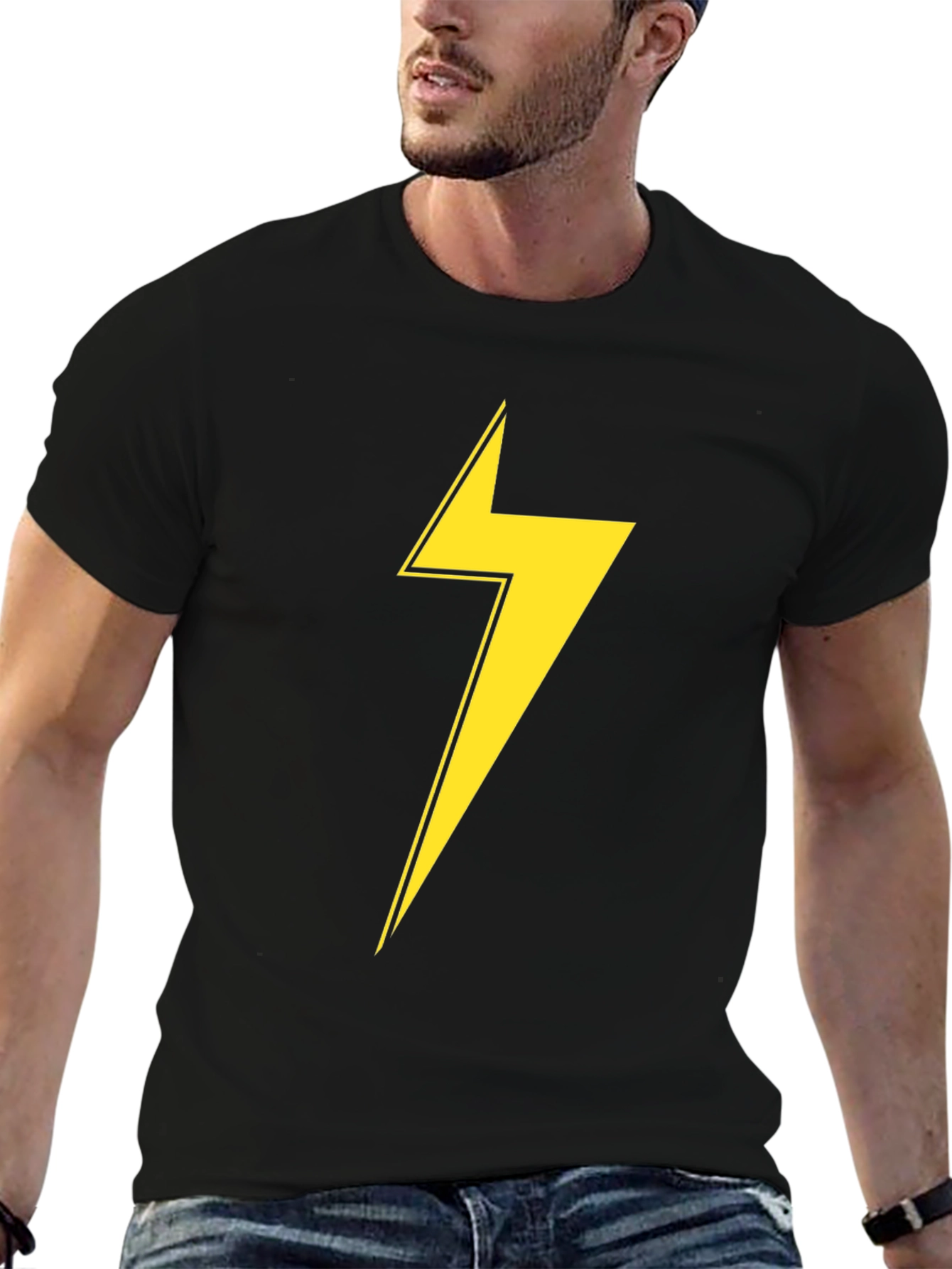 Black T-Shirt with Yellow Lightning Bolt Graphic