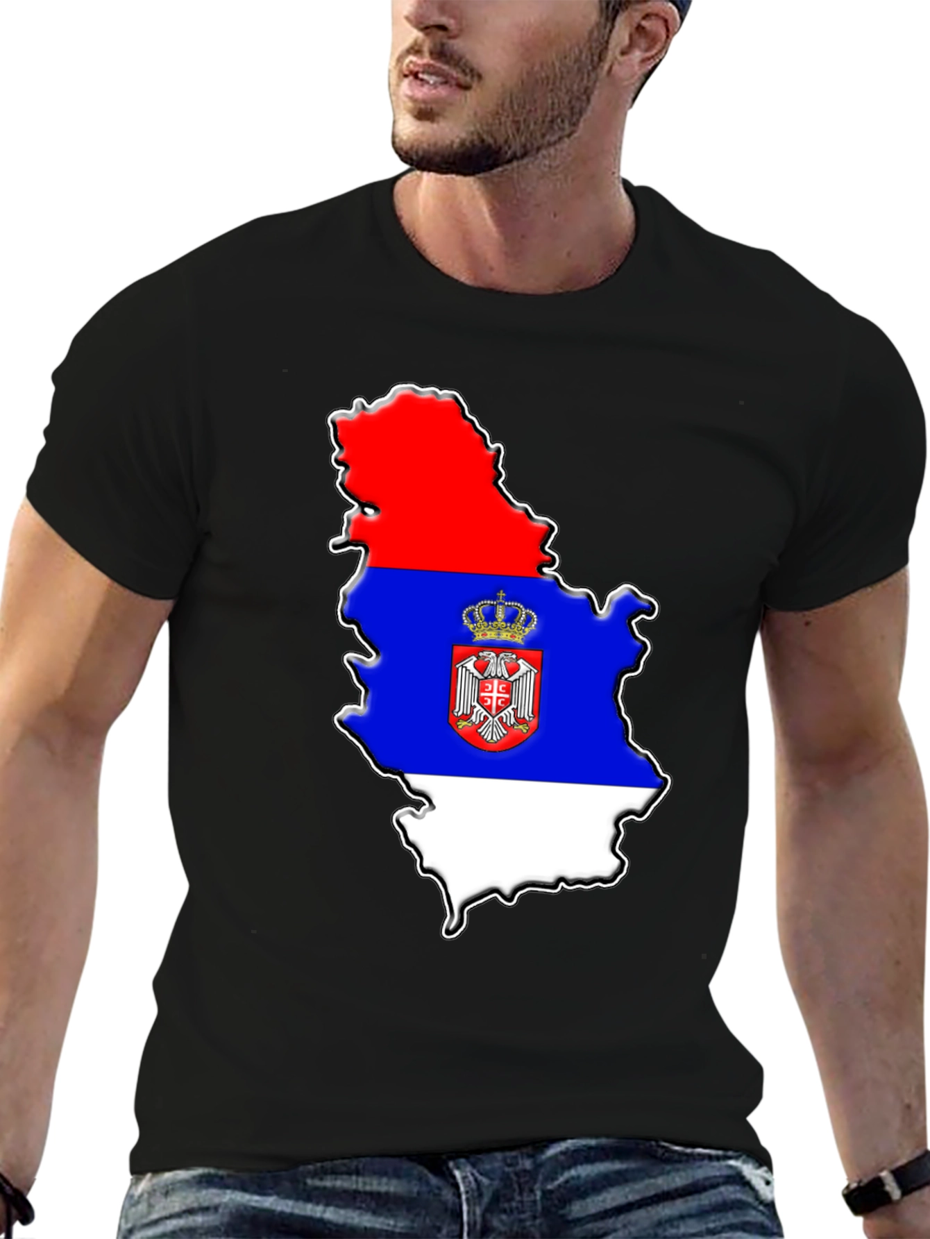 Serbia Flag Map Graphic Tee - Mens Black T-Shirt