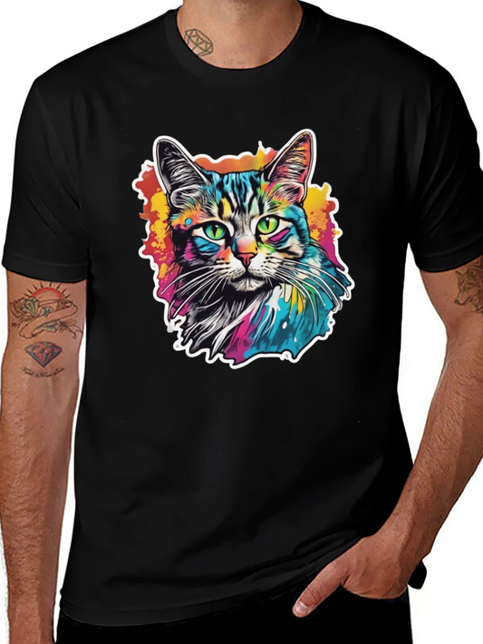 Colorful Cat Graphic Tee - Artistic Black T-Shirt