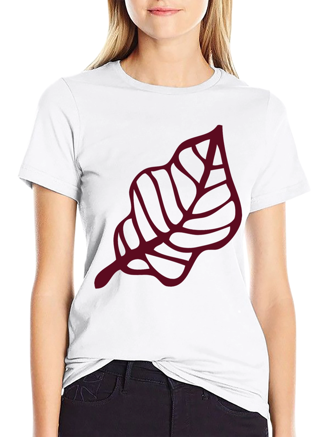 Maroon Leaf Graphic Black T-Shirt