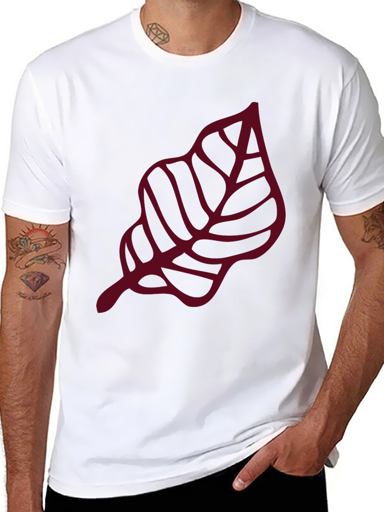 Maroon Leaf Graphic Black T-Shirt