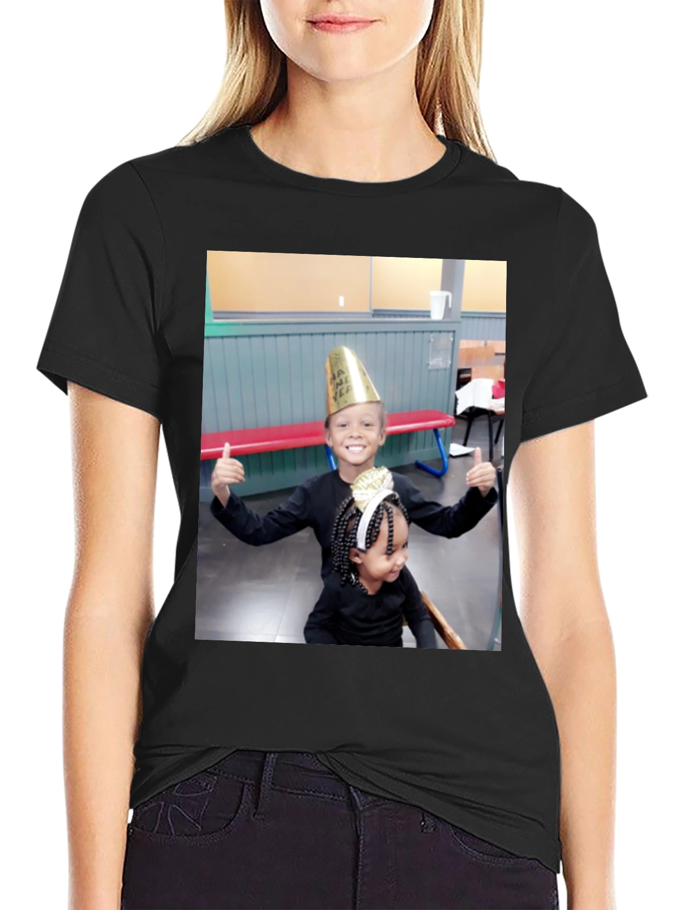 Black T-Shirt with Smiling Kids