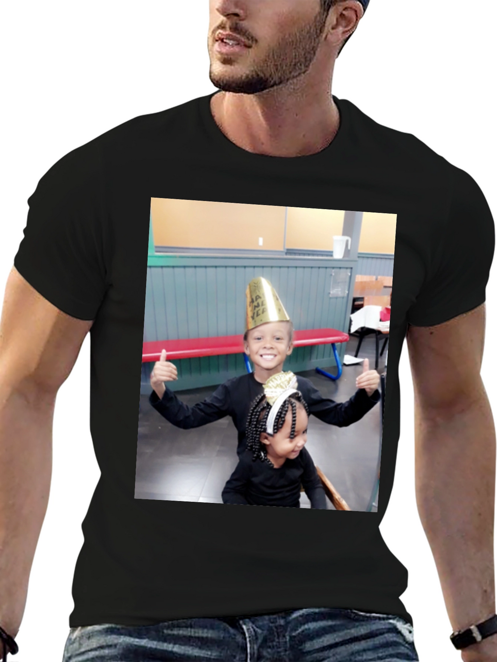 Black T-Shirt with Smiling Kids