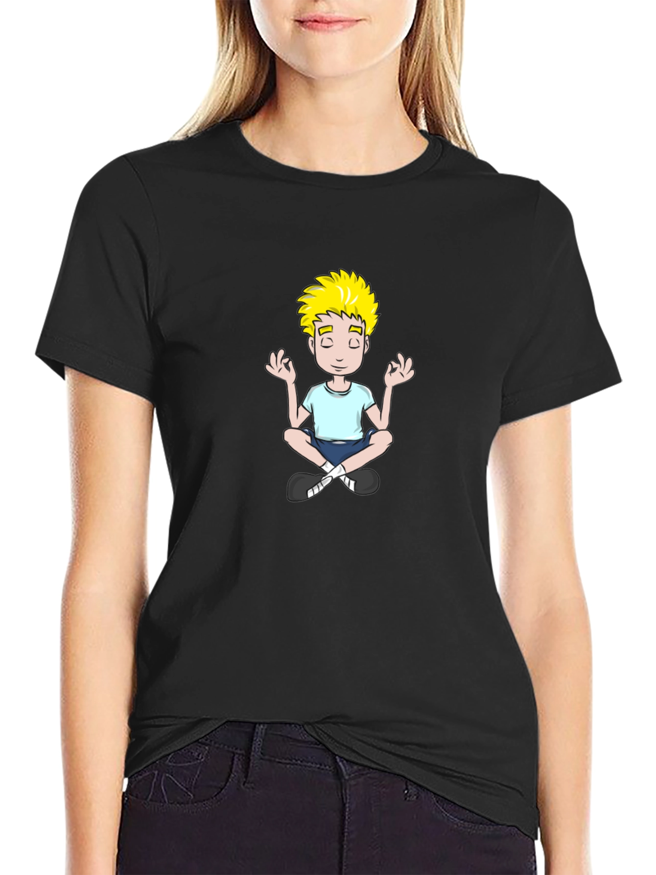 Meditating Cartoon Boy Black T-Shirt