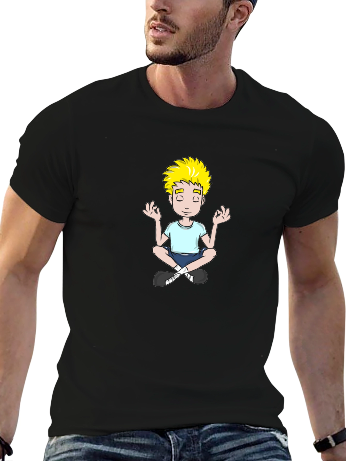 Meditating Cartoon Boy Black T-Shirt
