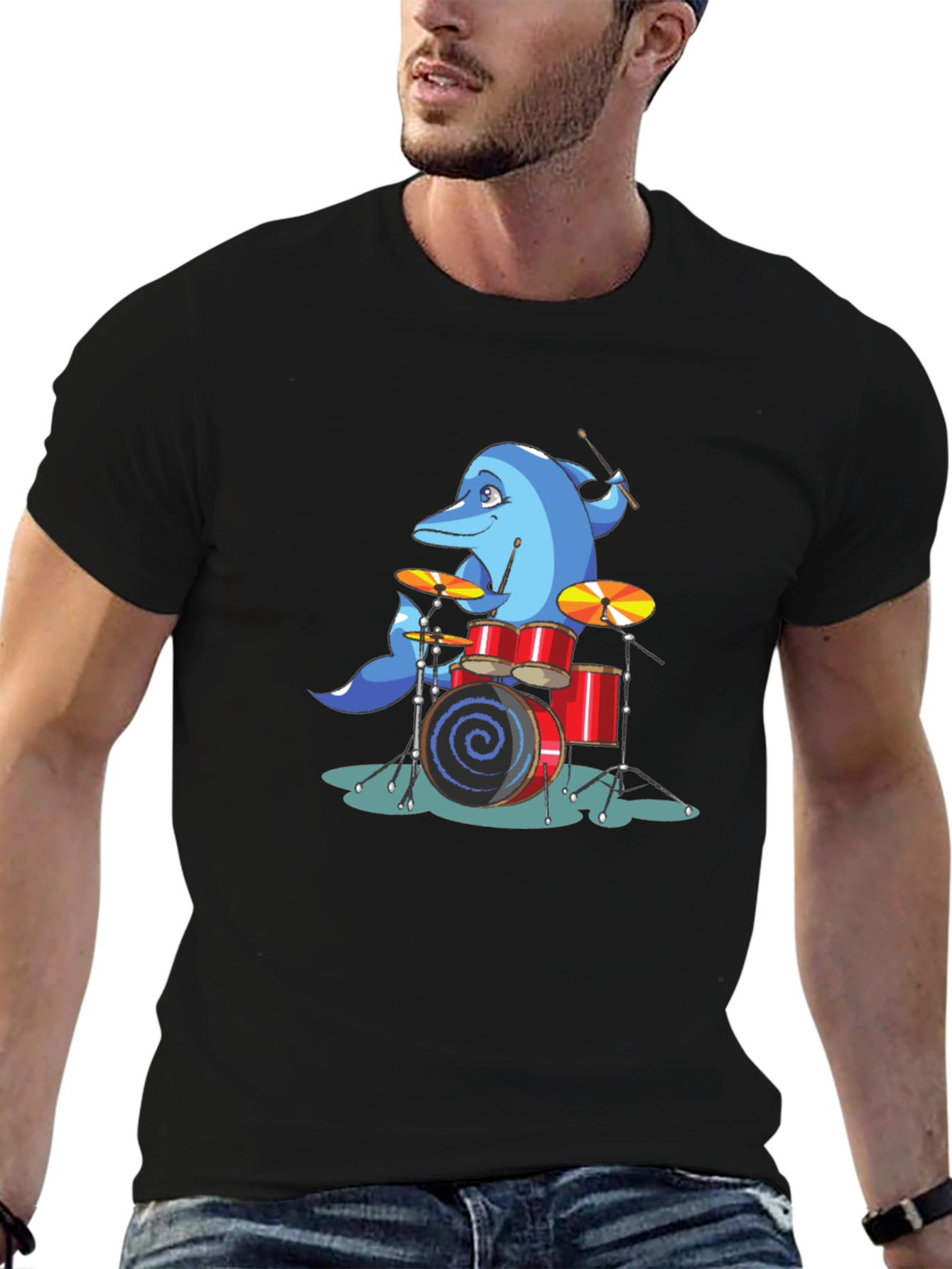 Dolphin Drummer Graphic Tee - Black Cotton T-Shirt