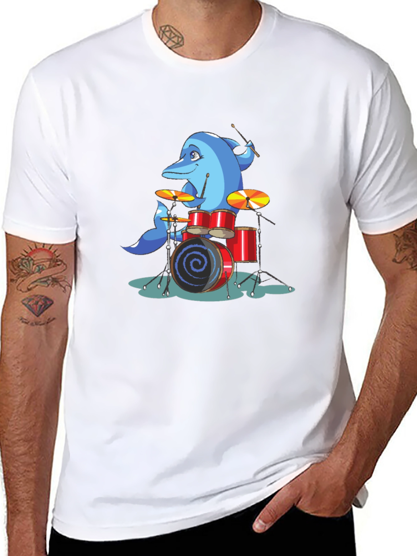 Dolphin Drummer Graphic Tee - Black Cotton T-Shirt