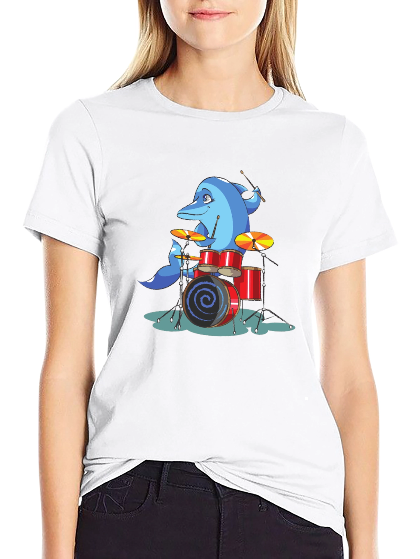 Dolphin Drummer Graphic Tee - Black Cotton T-Shirt