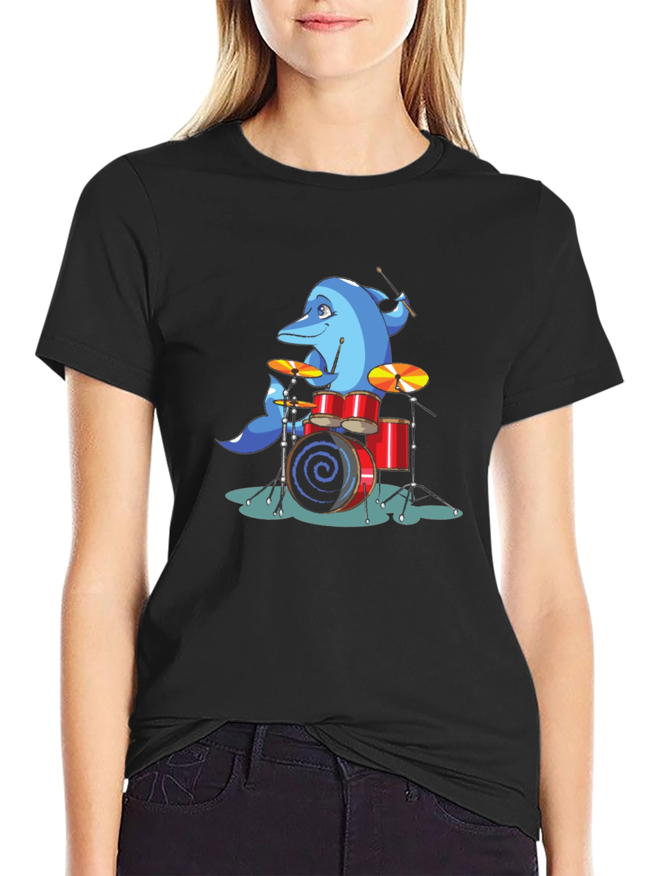 Dolphin Drummer Graphic Tee - Black Cotton T-Shirt