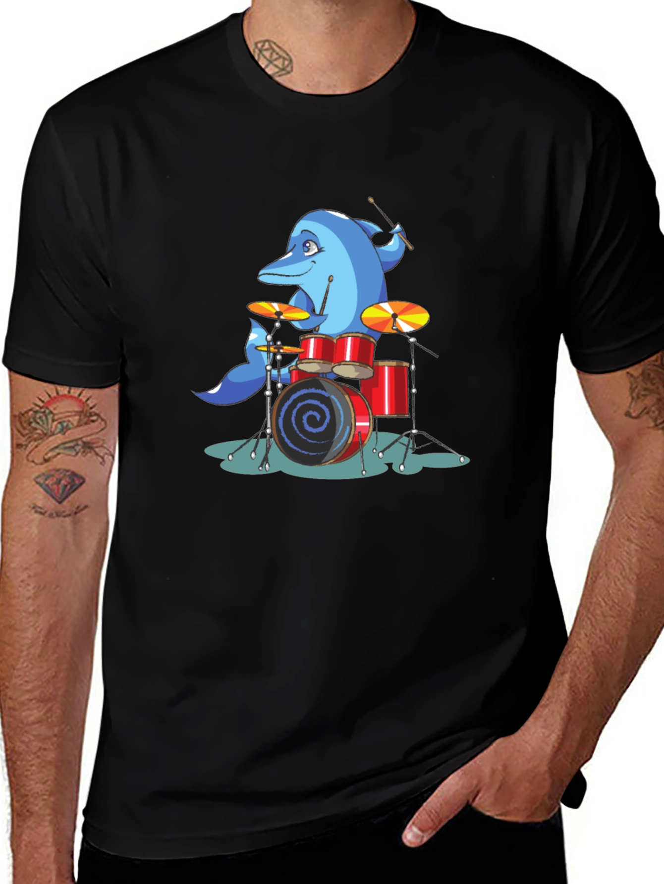 Dolphin Drummer Graphic Tee - Black Cotton T-Shirt