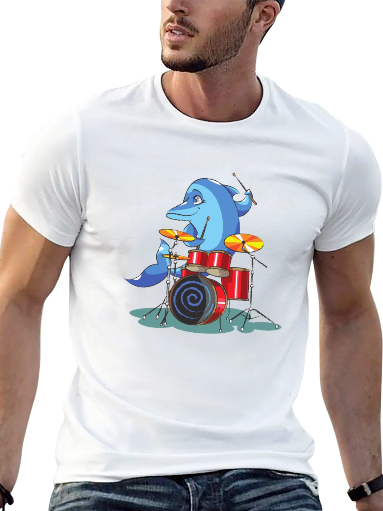 Dolphin Drummer Graphic Tee - Black Cotton T-Shirt