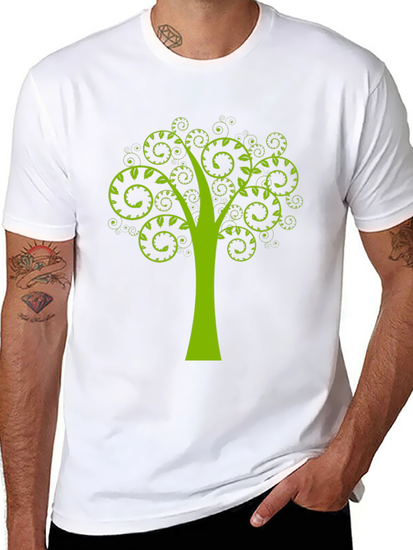 Green Tree Swirl Graphic Black T-Shirt