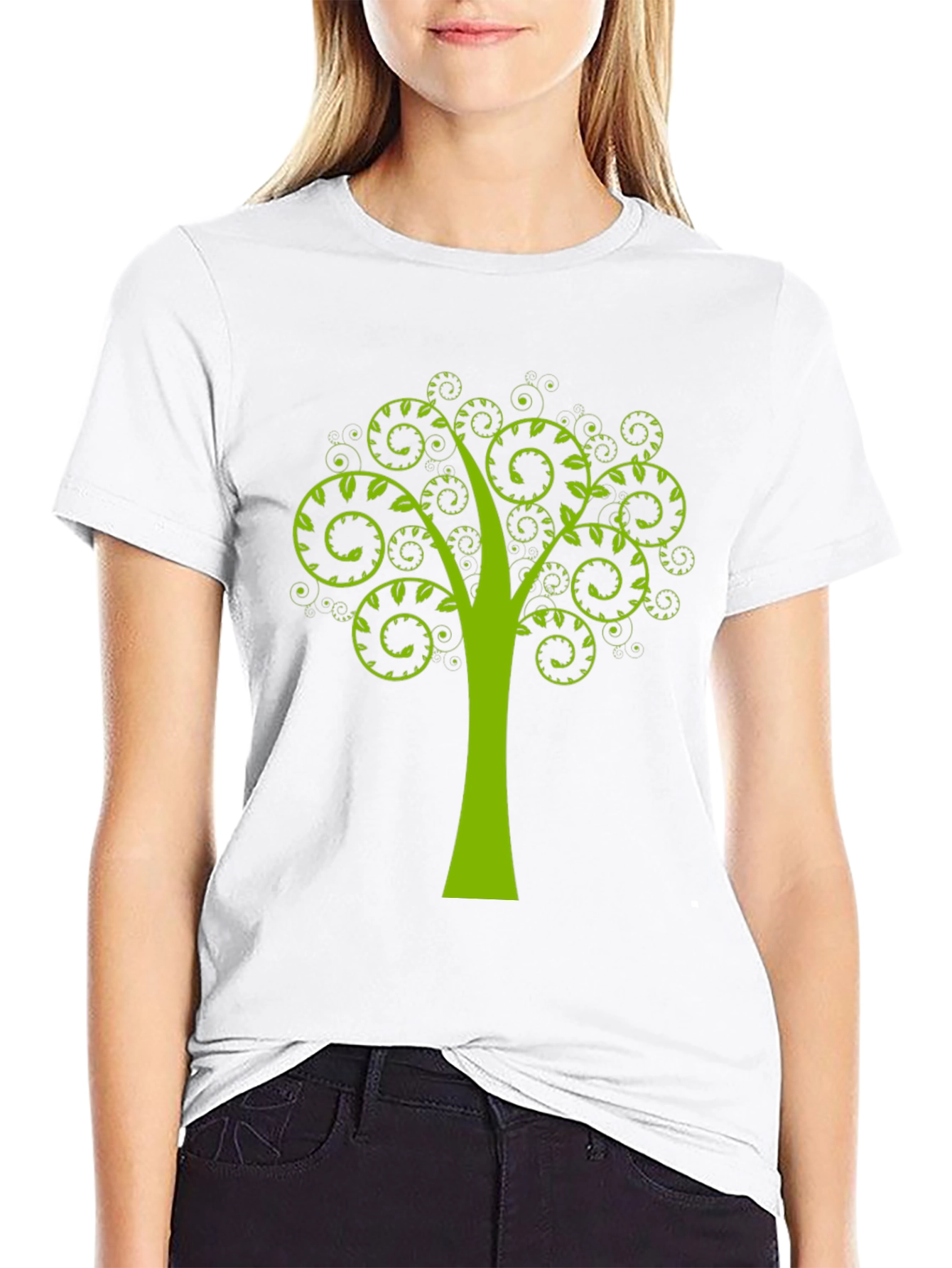 Green Tree Swirl Graphic Black T-Shirt