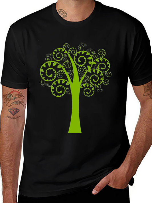 Green Tree Swirl Graphic Black T-Shirt