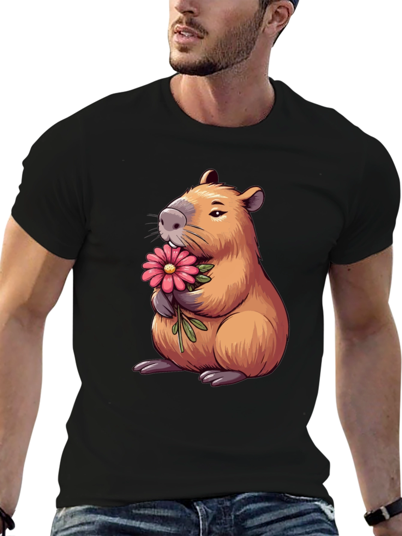 Capybara with Flower Graphic T-Shirt