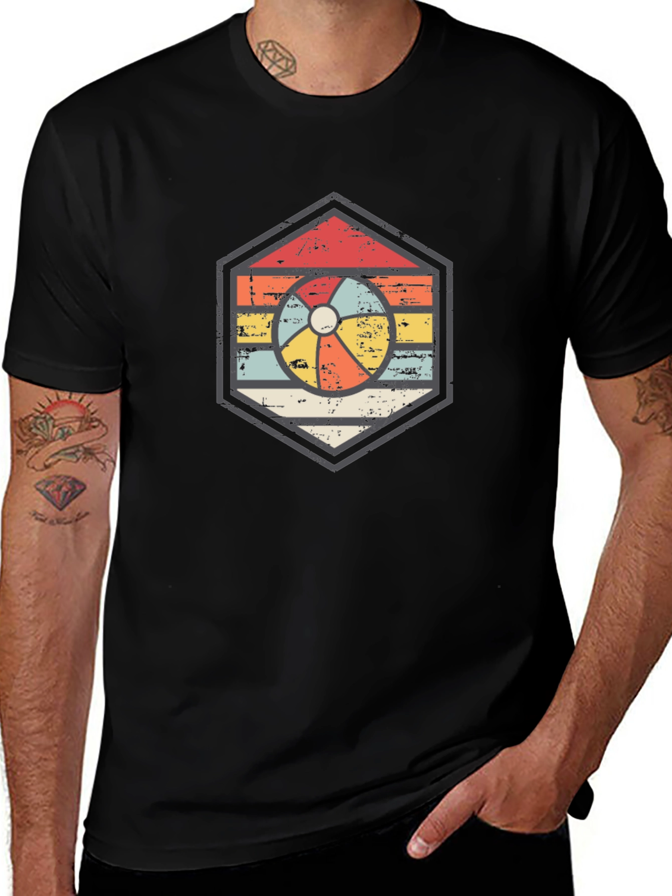 Retro Beach Ball Graphic Tee - Unisex Black T-Shirt