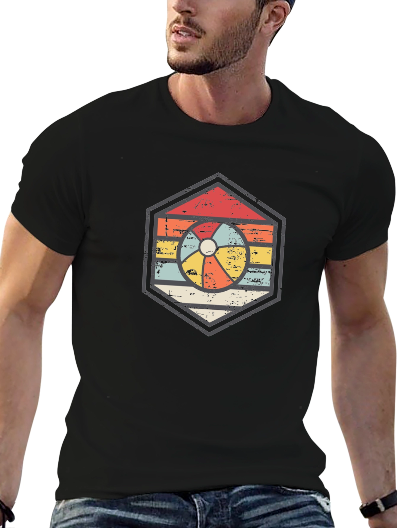 Retro Beach Ball Graphic Tee - Unisex Black T-Shirt