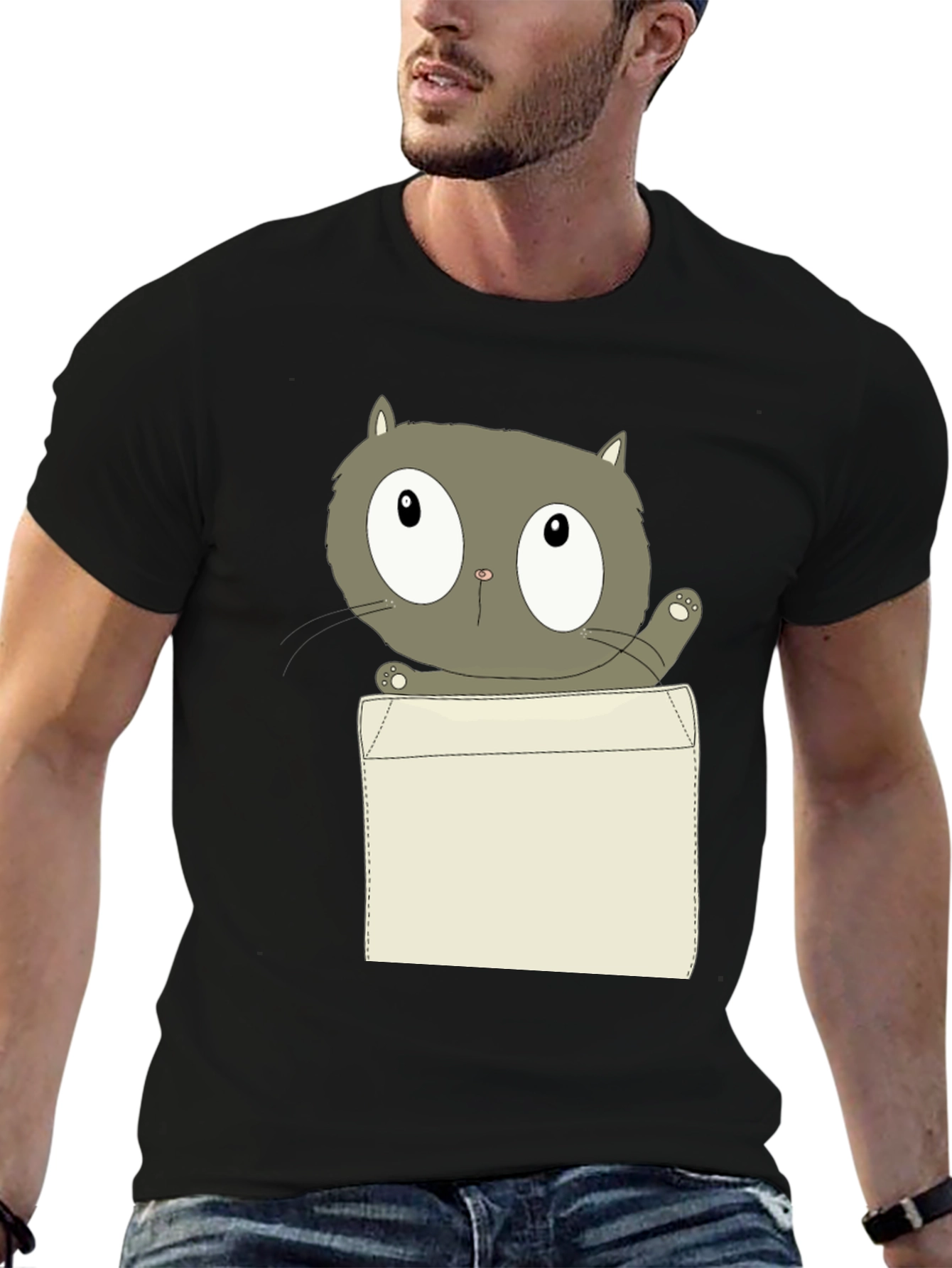 Cartoon Cat Pocket Print Black T-Shirt