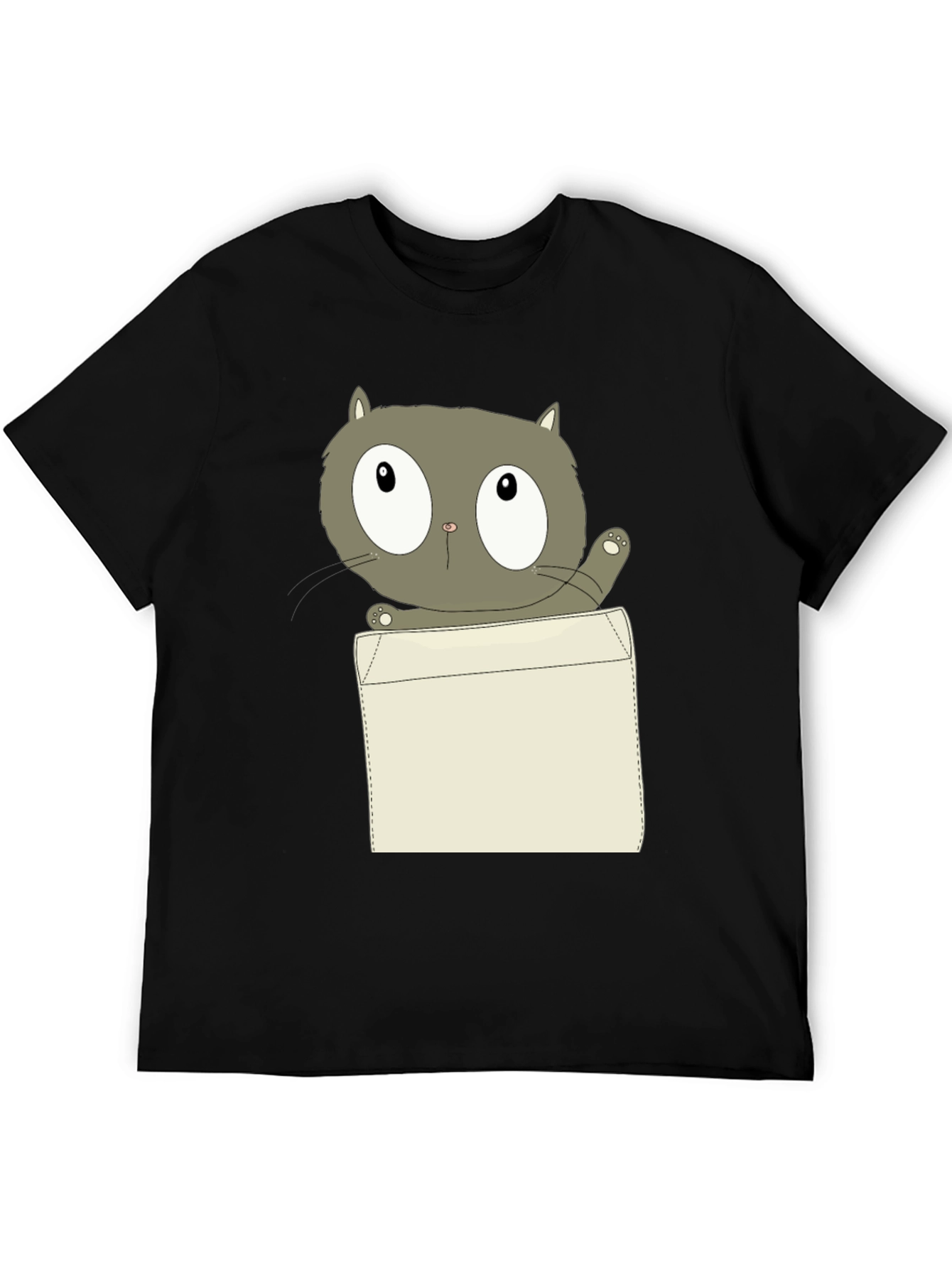 Cartoon Cat Pocket Print Black T-Shirt