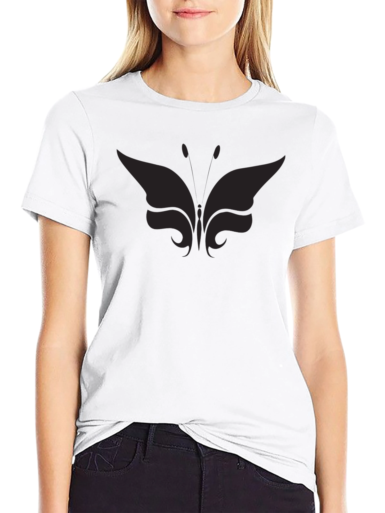 Mens Black Butterfly Graphic T-Shirt Casual Crew Neck