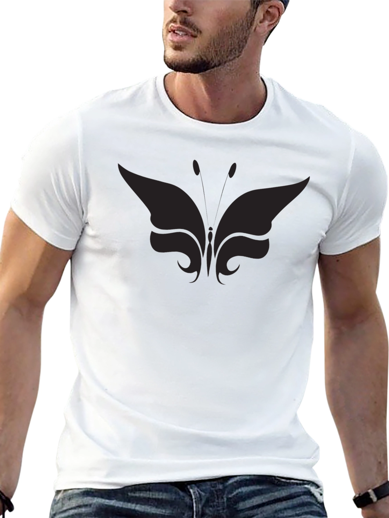 Mens Black Butterfly Graphic T-Shirt Casual Crew Neck