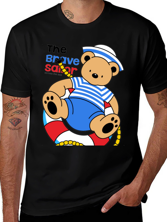 Brave Sailor Bear Graphic Tee - Black Cotton T-Shirt