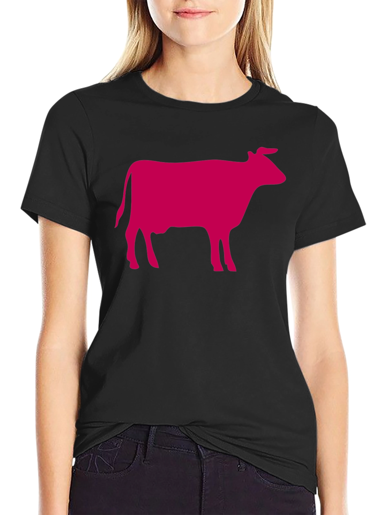 Black T-Shirt with Pink Cow Graphic