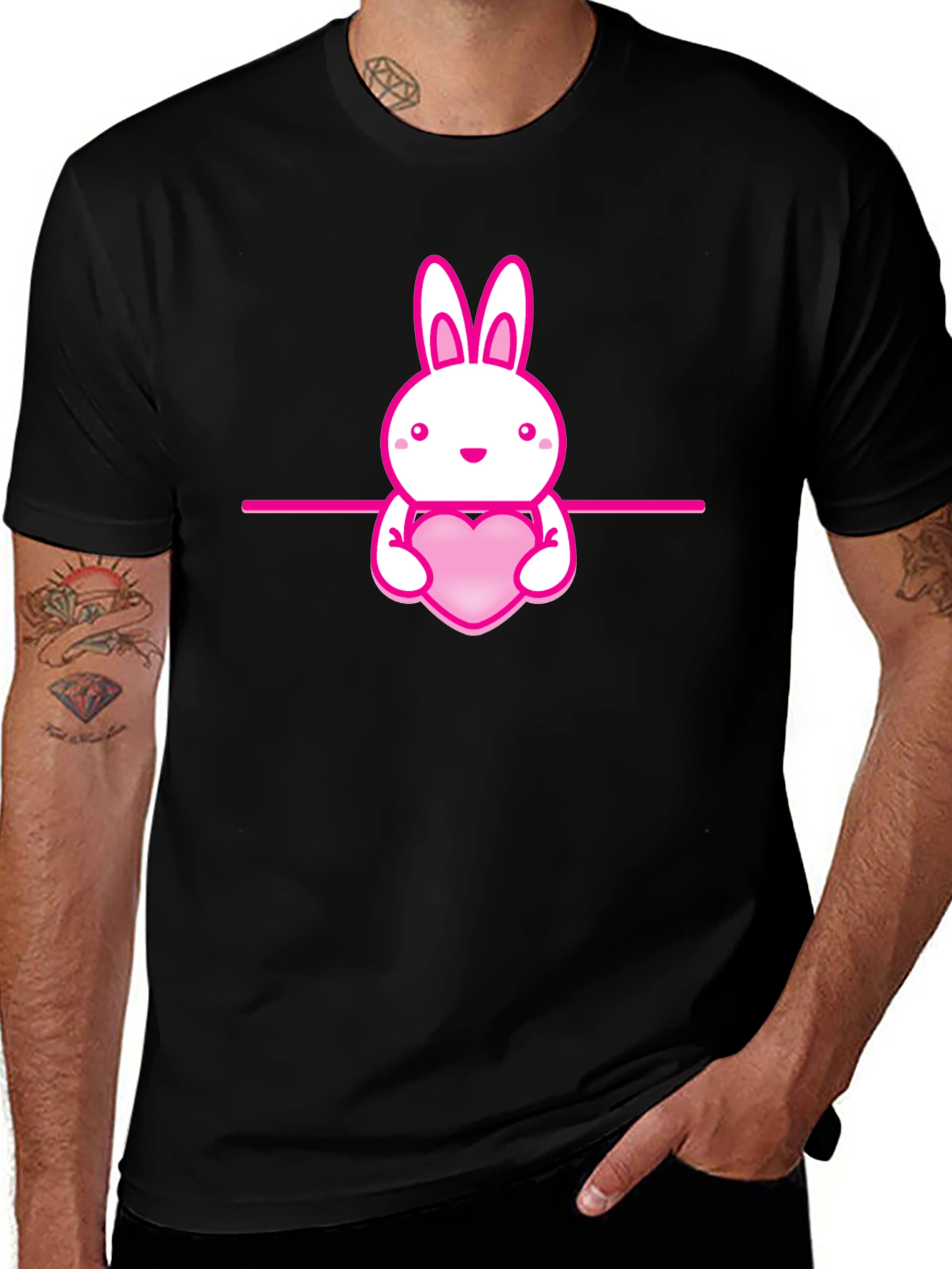 Cute Bunny Holding Heart Black T-Shirt