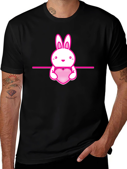Cute Bunny Holding Heart Black T-Shirt