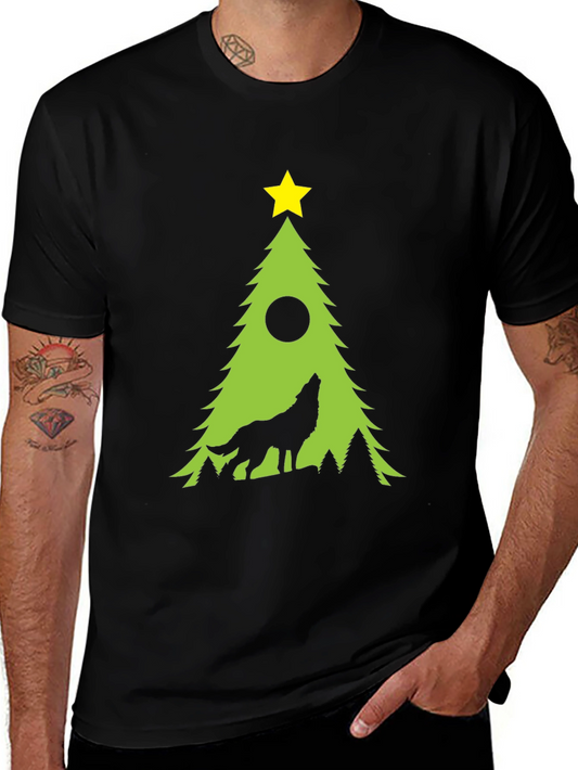Wolf Howling Christmas Tree Black T-Shirt