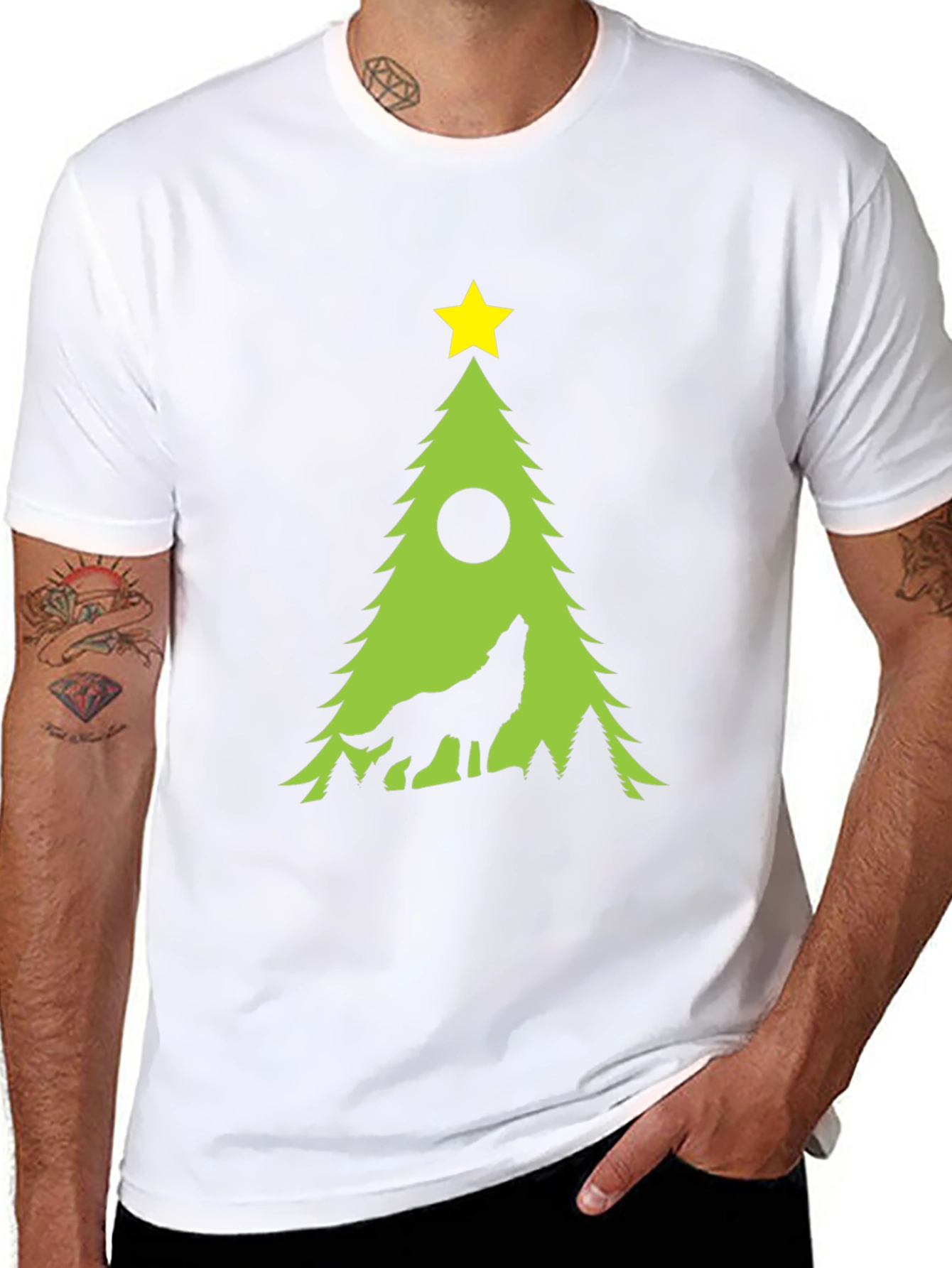 Wolf Howling Christmas Tree Black T-Shirt