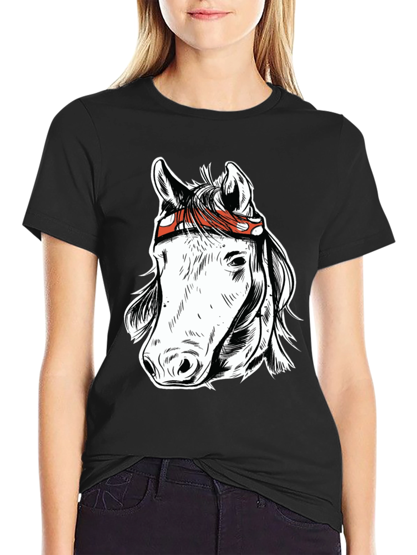 Horse Graphic Tee - Black Cotton Blend T-Shirt