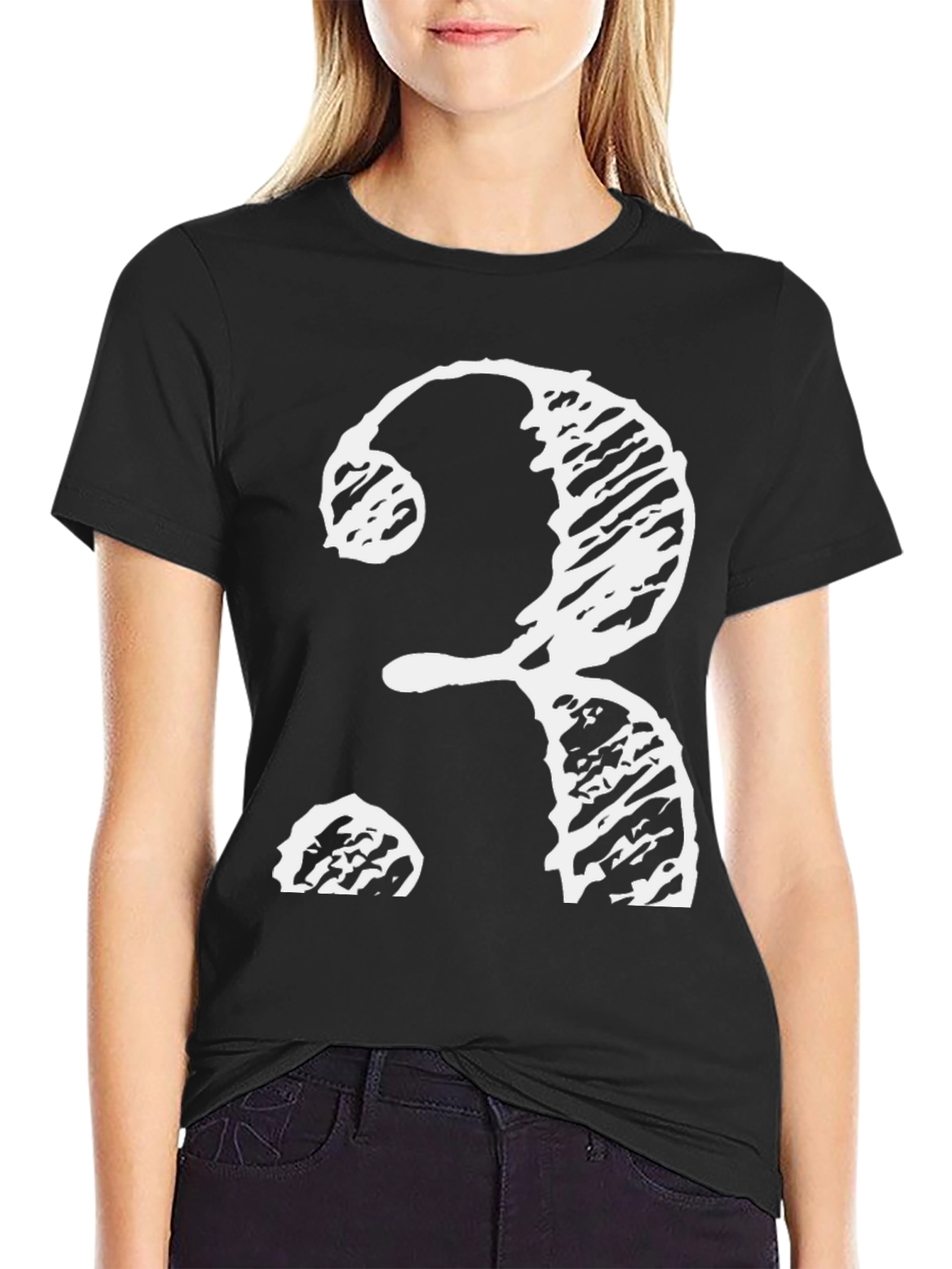 Black T-Shirt with Distressed White Question Mark