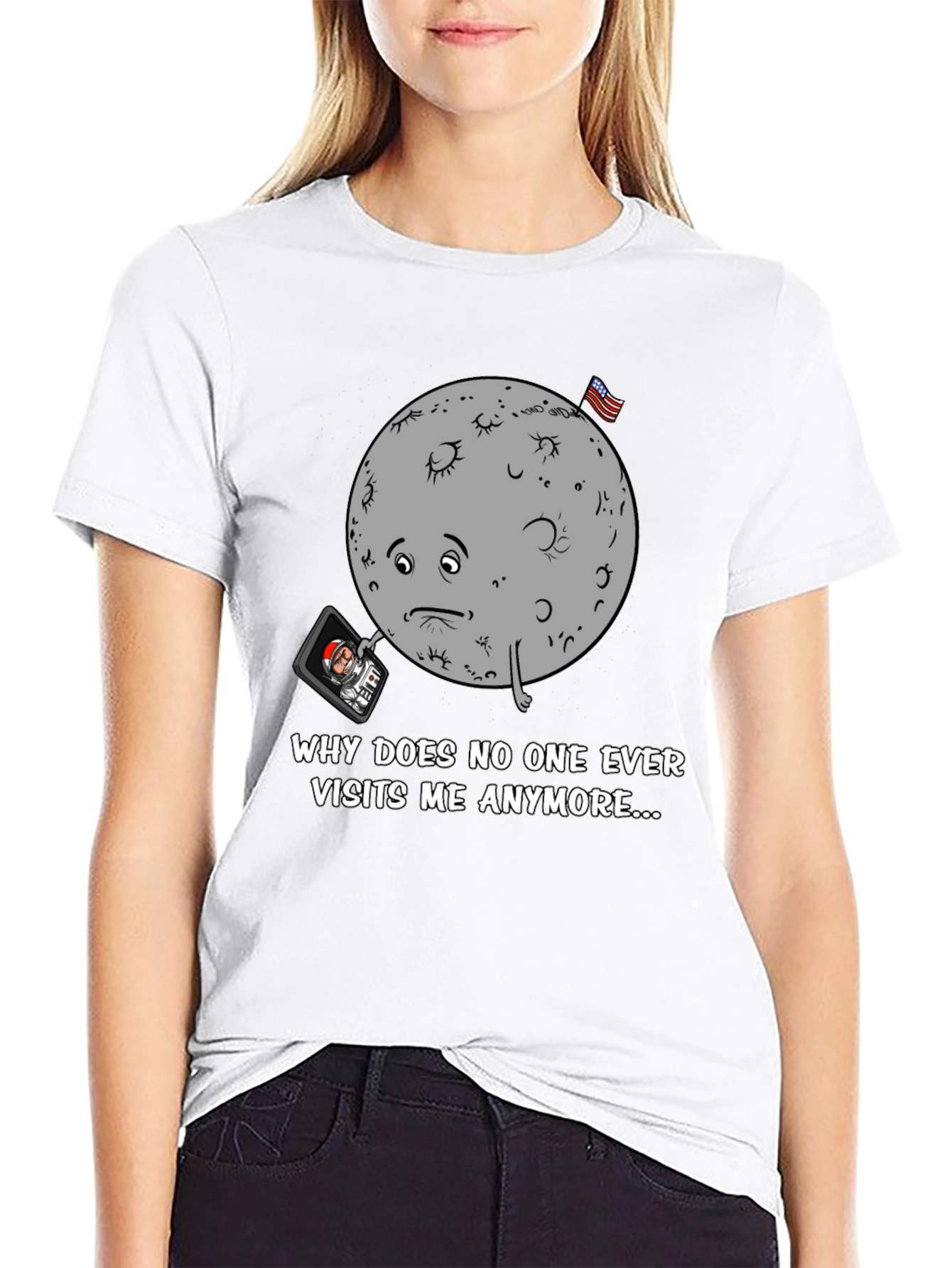 Sad Moon Graphic Tee - Funny Space T-Shirt