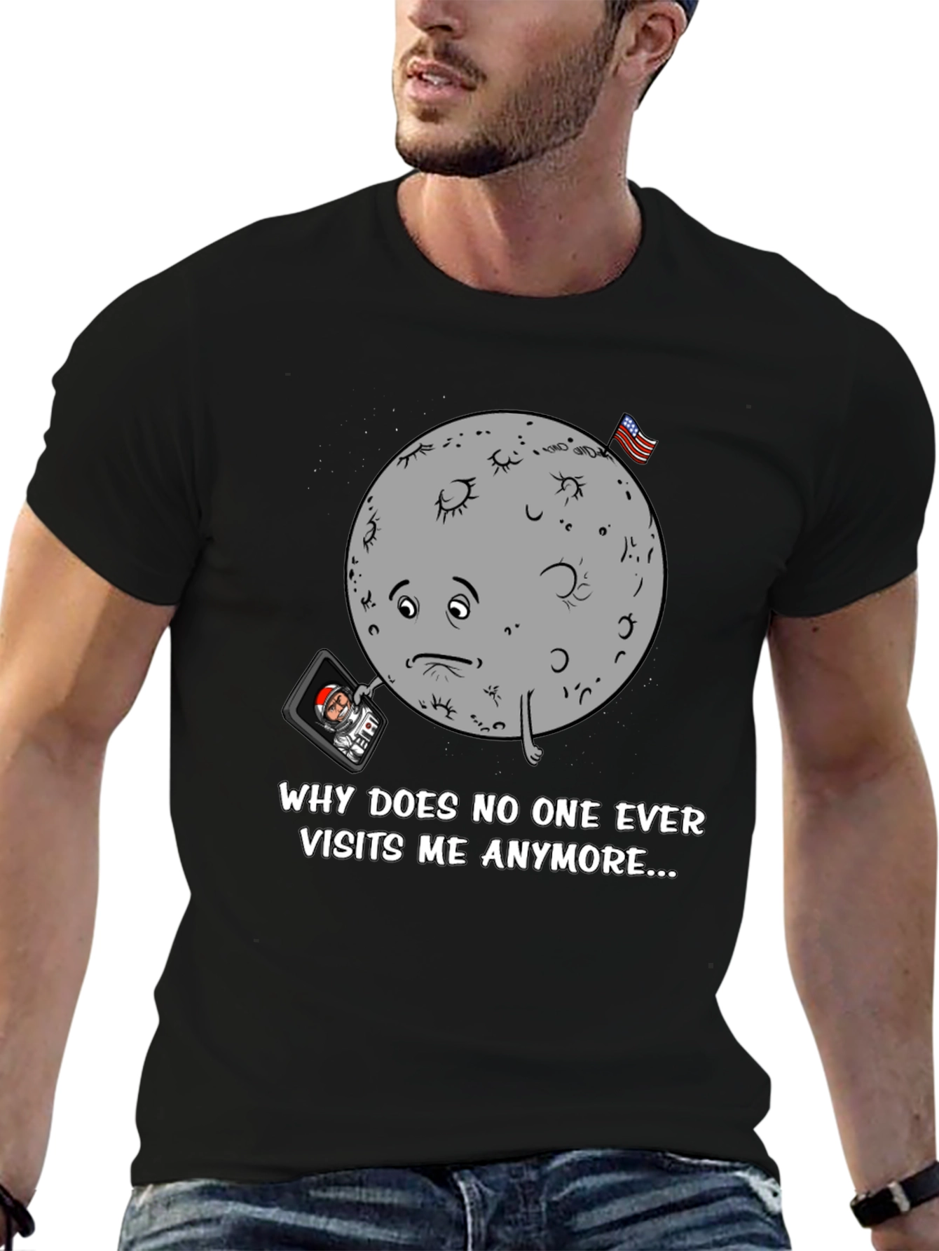 Sad Moon Graphic Tee - Funny Space T-Shirt