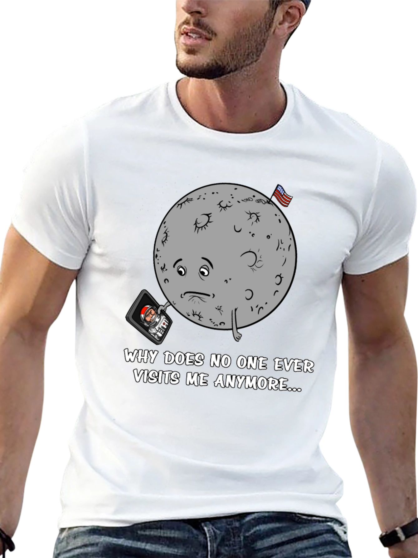 Sad Moon Graphic Tee - Funny Space T-Shirt