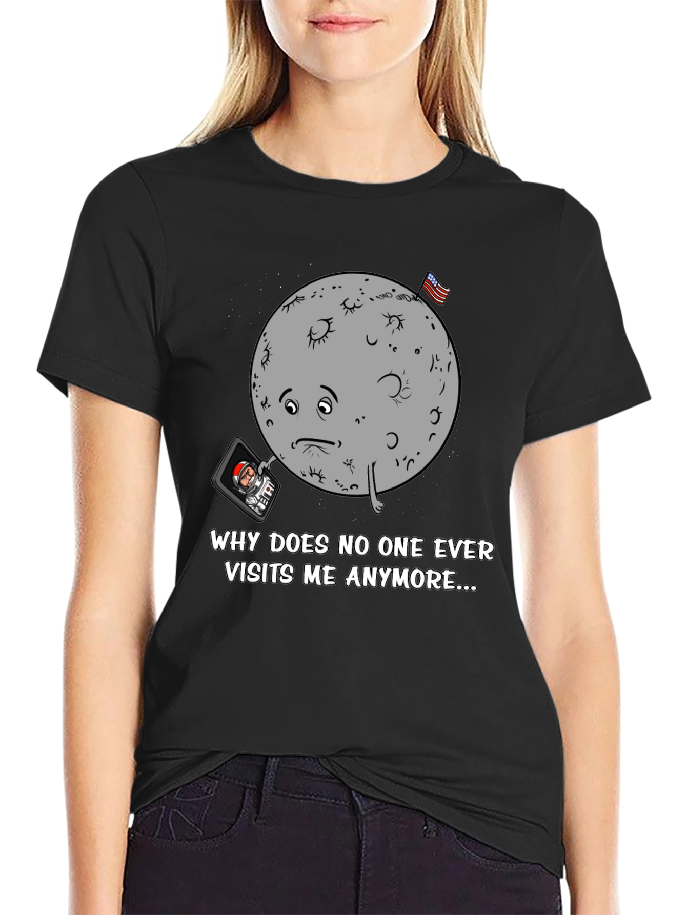 Sad Moon Graphic Tee - Funny Space T-Shirt