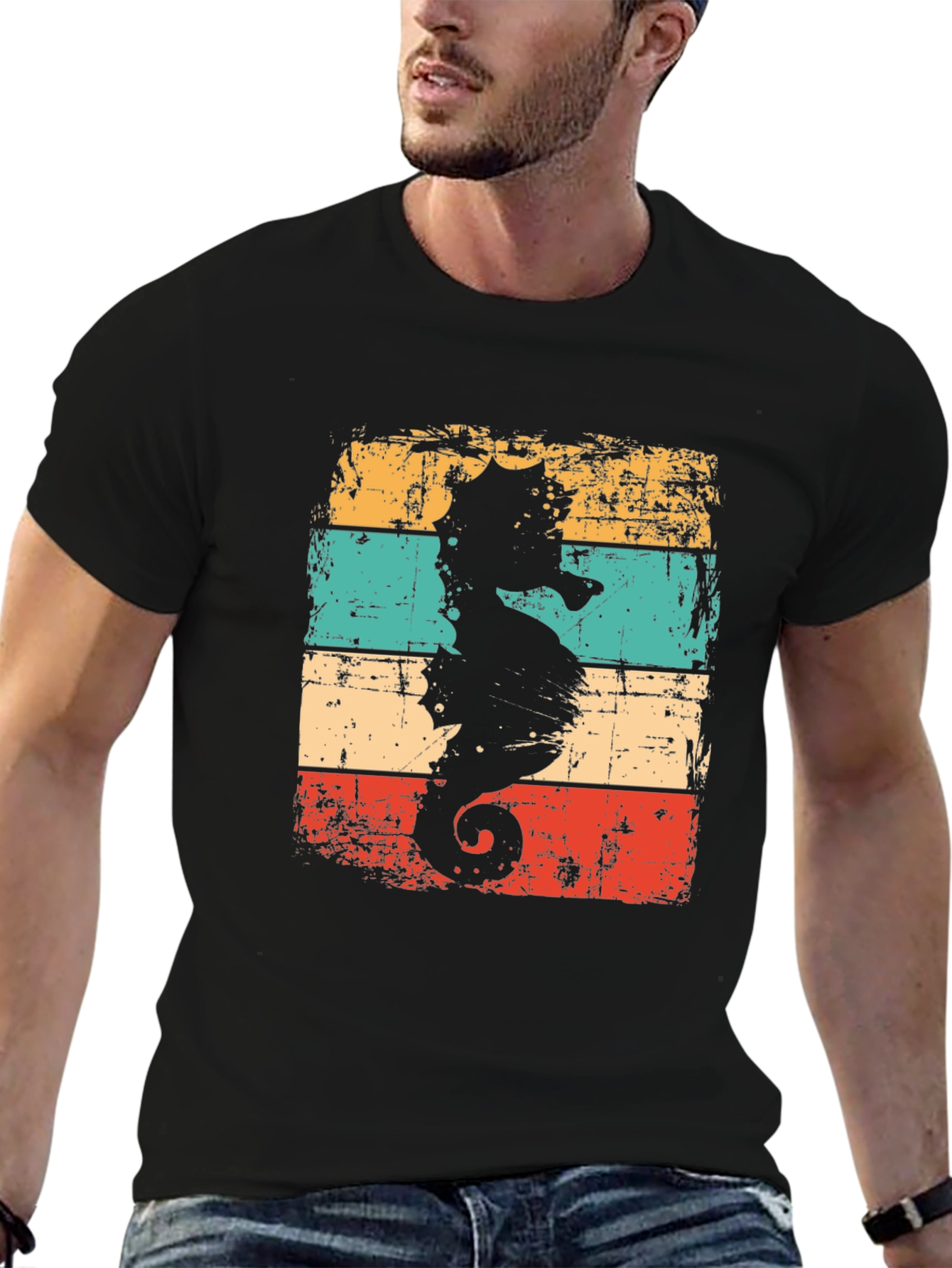 Retro Seahorse Graphic T-Shirt - Black
