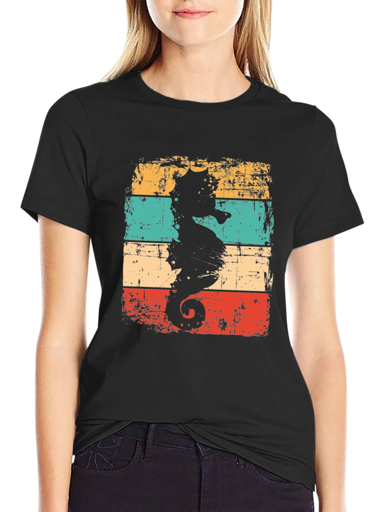 Retro Seahorse Graphic T-Shirt - Black