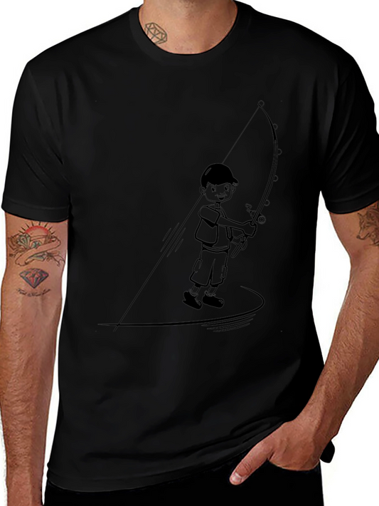 Boy Fishing Graphic Tee - Black Cotton Blend