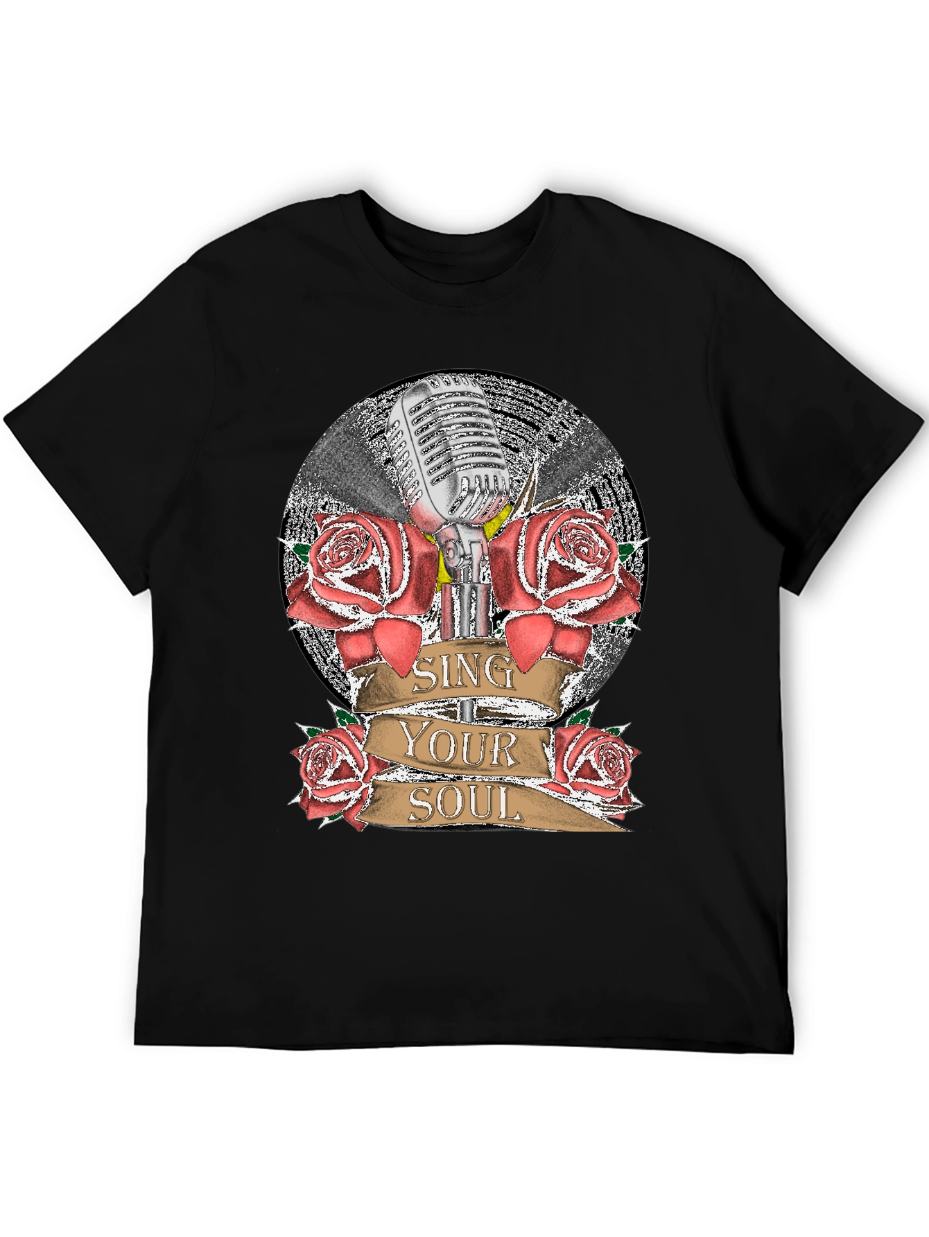 Sing Your Soul Retro Microphone Roses Graphic T-Shirt