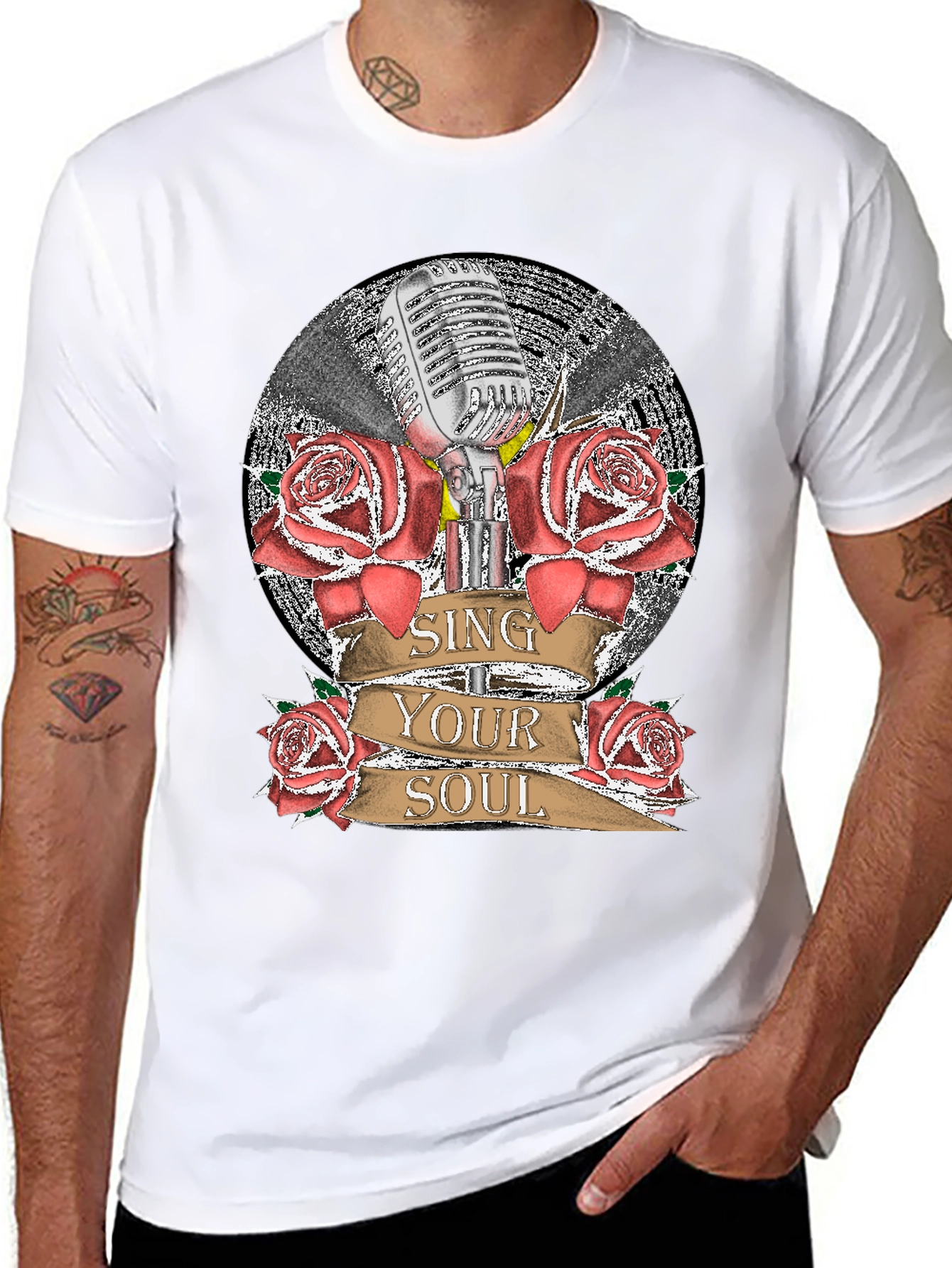 Sing Your Soul Retro Microphone Roses Graphic T-Shirt
