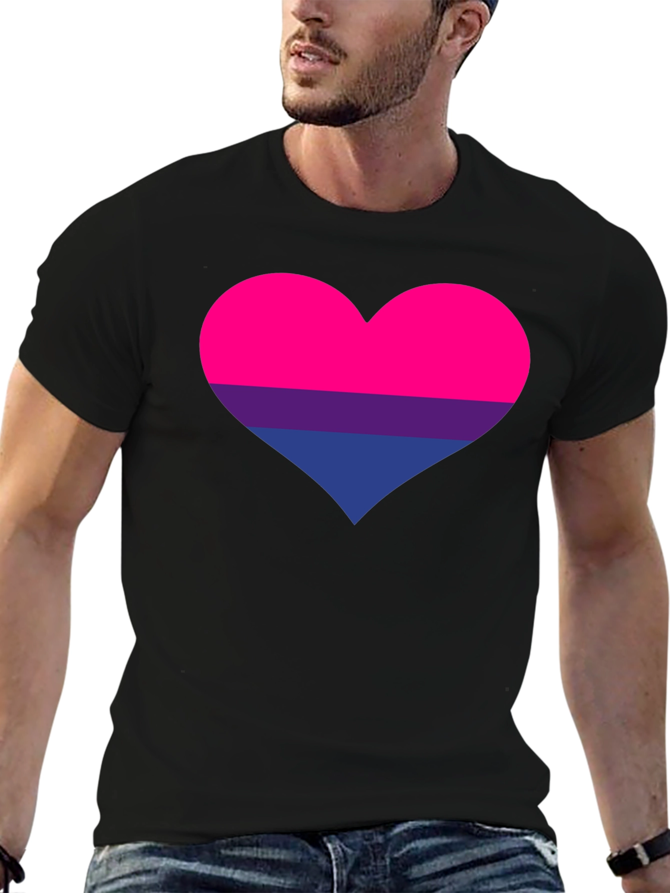 Bisexual Pride Heart Graphic Tee - Black Cotton T-Shirt