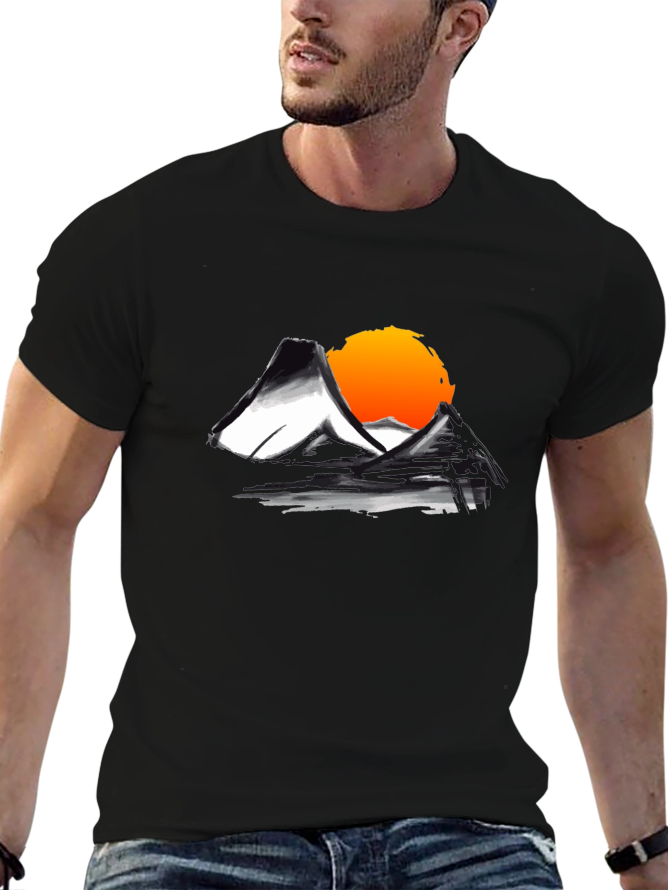 Mountain Sunset Graphic Tee - Black Cotton T-Shirt